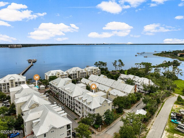 drone / aerial view with a water view