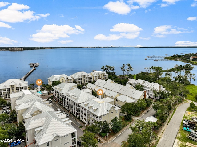 drone / aerial view with a water view