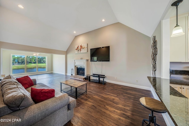 living room featuring high vaulted ceiling, a fireplace, and dark hardwood / wood-style flooring