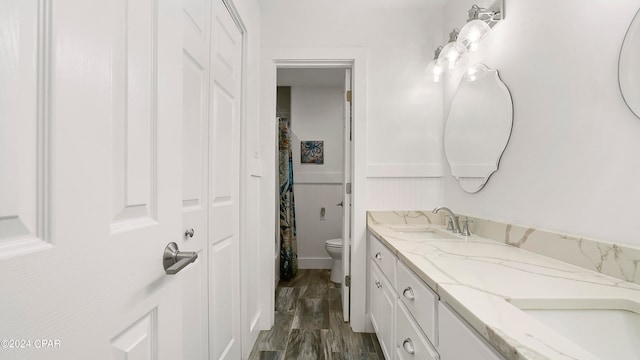 bathroom with vanity, hardwood / wood-style floors, and toilet