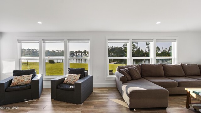 living room with a water view, hardwood / wood-style flooring, and plenty of natural light