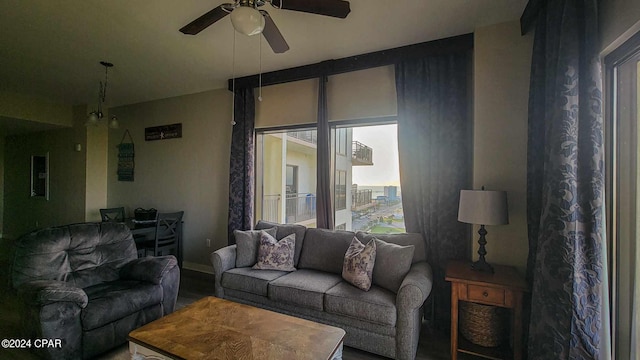 living room featuring ceiling fan