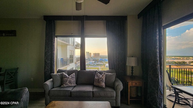 living room with ceiling fan