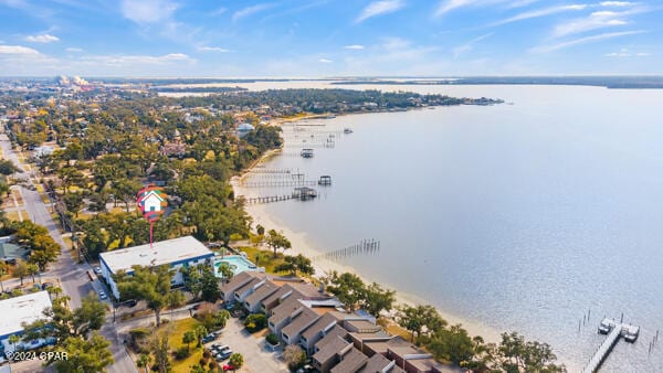 bird's eye view with a water view