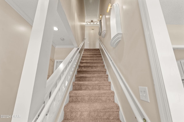 staircase with ornamental molding and carpet