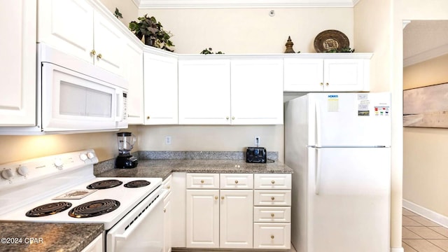 kitchen featuring crown molding, white appliances, and white cabinetry