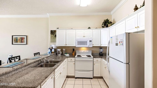 kitchen featuring white cabinetry, white appliances, a textured ceiling, ornamental molding, and sink