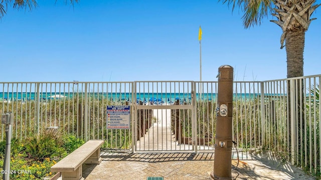 view of patio featuring a water view