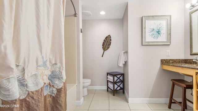 bathroom featuring shower / bath combo, tile patterned floors, and toilet