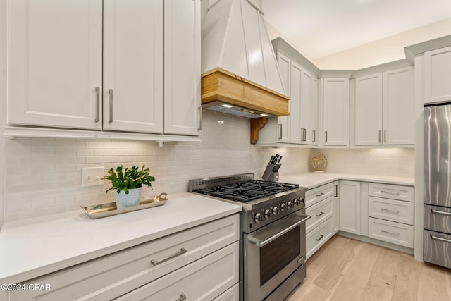 kitchen featuring decorative backsplash, appliances with stainless steel finishes, light hardwood / wood-style floors, and custom exhaust hood