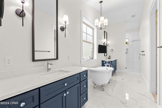 bathroom with plus walk in shower, vanity, and a notable chandelier