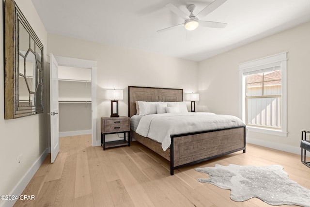 bedroom featuring light wood-type flooring and ceiling fan