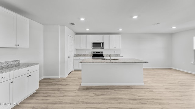 kitchen featuring visible vents, light wood-style flooring, stainless steel appliances, white cabinetry, and a sink