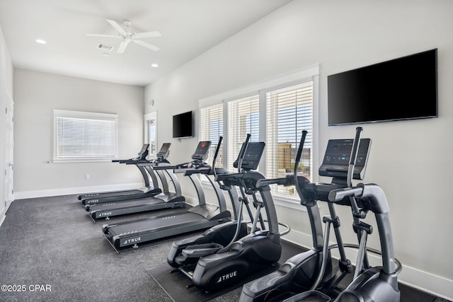 gym featuring recessed lighting, visible vents, and baseboards