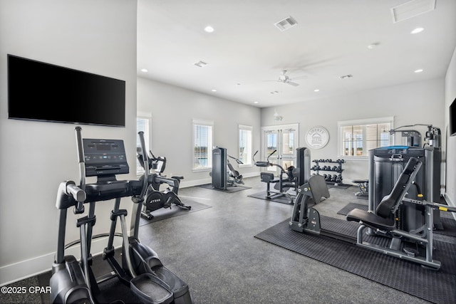 exercise room featuring recessed lighting, visible vents, and baseboards