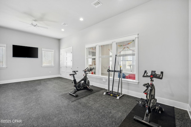 exercise room with ceiling fan, recessed lighting, visible vents, and baseboards