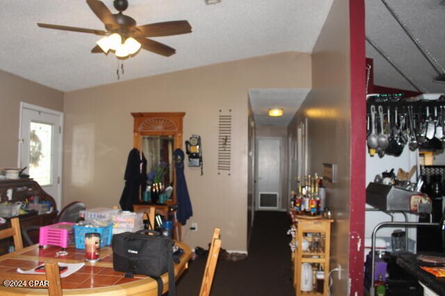 dining space featuring lofted ceiling, ceiling fan, and a textured ceiling