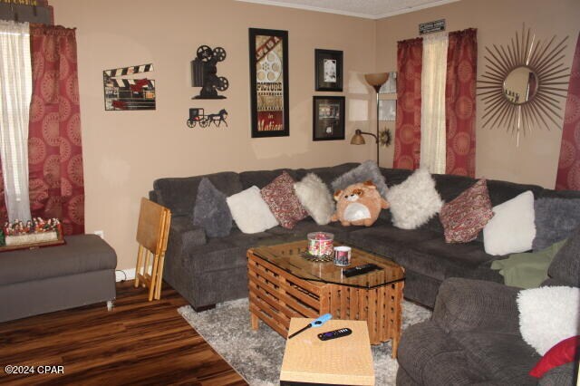 living room with ornamental molding and dark wood-type flooring