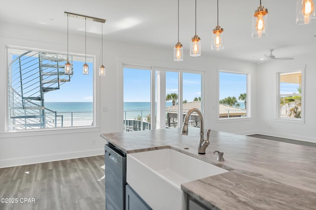 kitchen featuring baseboards, dishwasher, wood finished floors, hanging light fixtures, and a sink