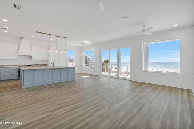 kitchen featuring plenty of natural light, light wood-style flooring, light countertops, and premium range hood