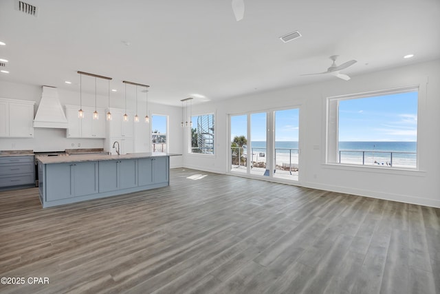 kitchen with visible vents, wood finished floors, white cabinets, and custom range hood