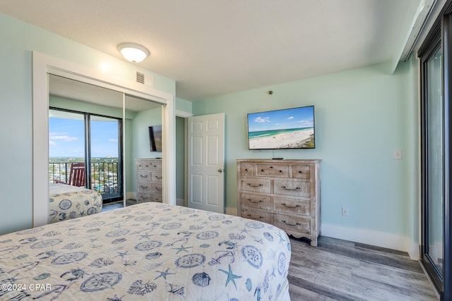 bedroom with wood-type flooring, a closet, and access to exterior