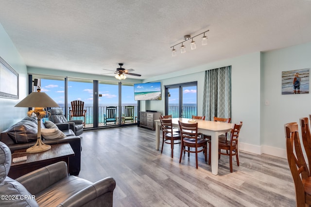 dining space with ceiling fan, light hardwood / wood-style floors, and a textured ceiling