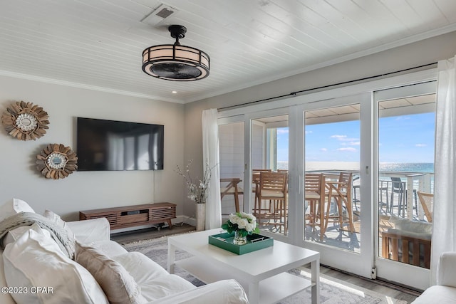 living room with hardwood / wood-style flooring, crown molding, and wood ceiling