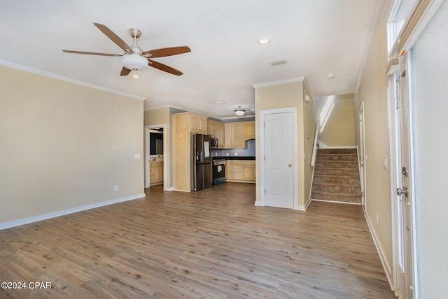 unfurnished living room with crown molding, light hardwood / wood-style flooring, and ceiling fan