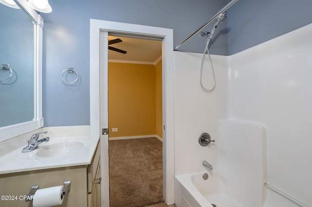 bathroom with ceiling fan, ornamental molding, vanity, and toilet