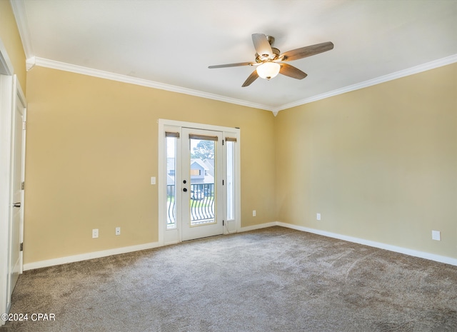 unfurnished bedroom with ceiling fan, ensuite bathroom, crown molding, and light carpet