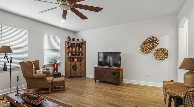 living room featuring ceiling fan and light hardwood / wood-style flooring