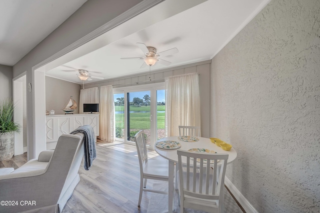 dining space with light hardwood / wood-style flooring, ornamental molding, and ceiling fan