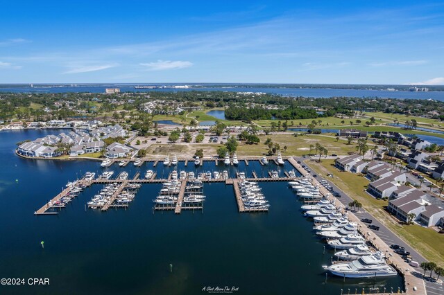 drone / aerial view with a water view