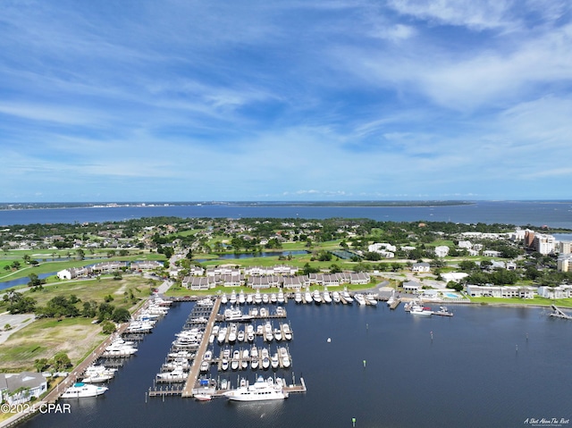 drone / aerial view with a water view