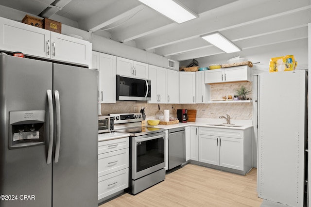 kitchen with white cabinetry, appliances with stainless steel finishes, light wood-type flooring, decorative backsplash, and sink