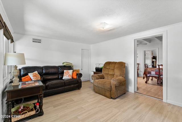 living room with a textured ceiling and light hardwood / wood-style flooring