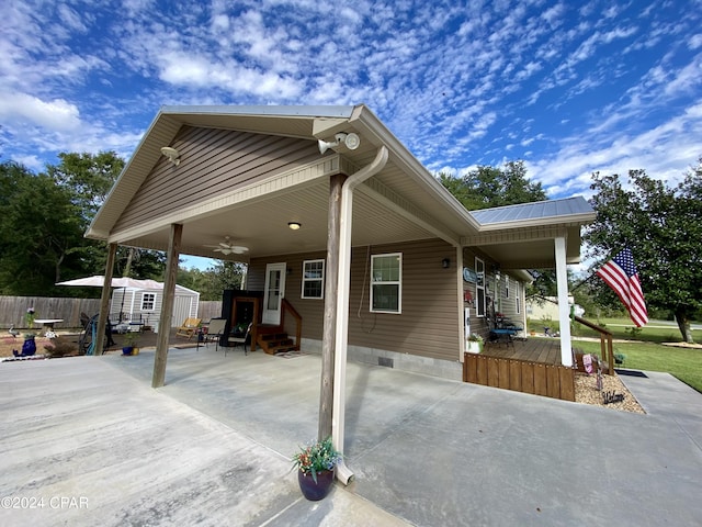 exterior space with a storage shed