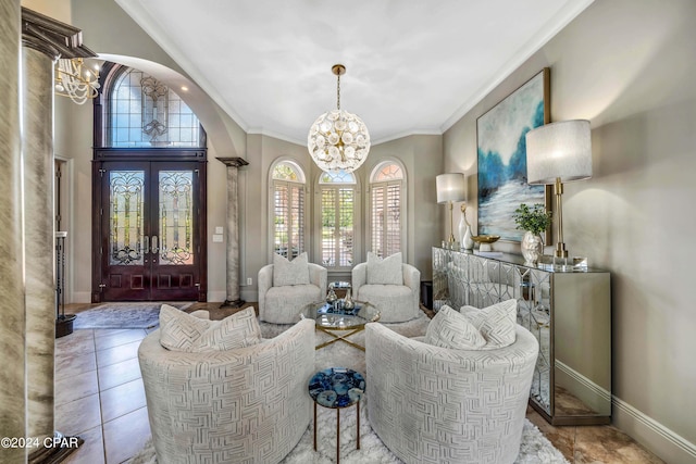 interior space featuring french doors, an inviting chandelier, light tile patterned floors, and crown molding