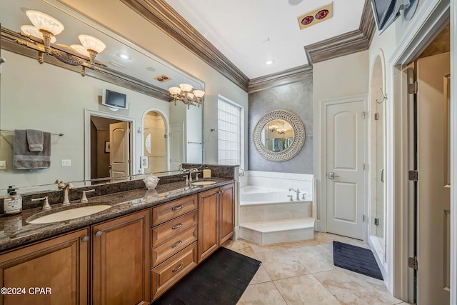 bathroom with crown molding, shower with separate bathtub, tile patterned floors, and vanity