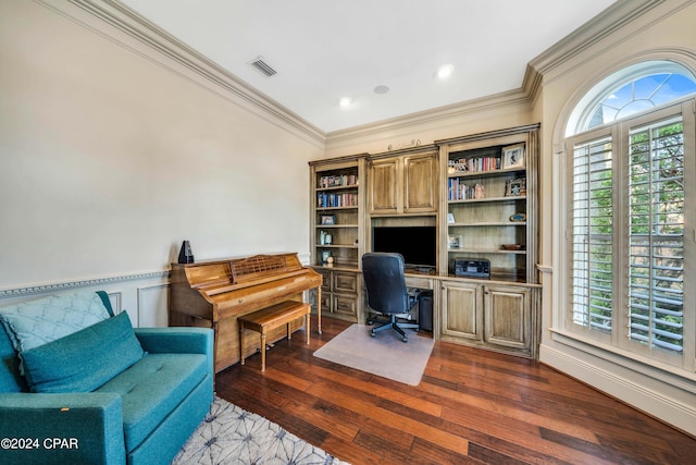 office space featuring dark hardwood / wood-style floors and ornamental molding