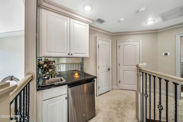 bar featuring dishwashing machine, white cabinetry, light carpet, sink, and crown molding