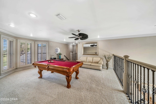 playroom with ceiling fan, carpet, billiards, and ornamental molding