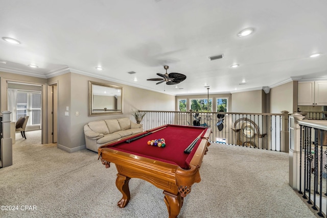 playroom featuring ceiling fan, light colored carpet, billiards, and crown molding