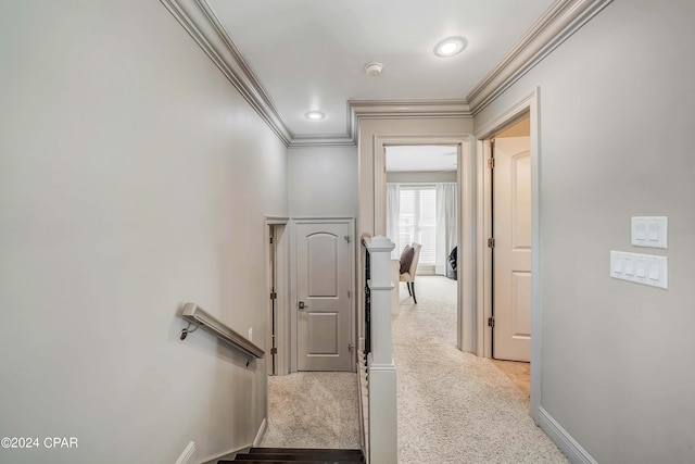 hallway with crown molding and light carpet