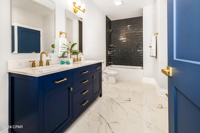 full bathroom featuring tiled shower / bath combo, vanity, and toilet