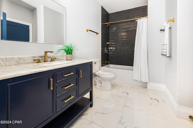 full bathroom featuring vanity, shower / bath combo with shower curtain, and toilet