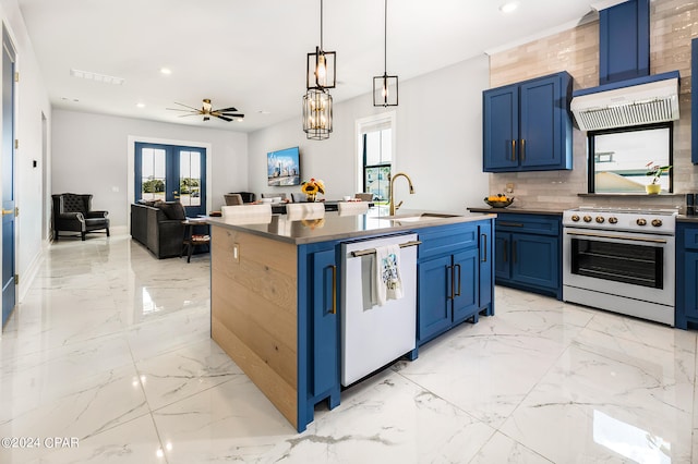 kitchen featuring sink, a center island with sink, blue cabinetry, dishwasher, and stainless steel range with electric cooktop