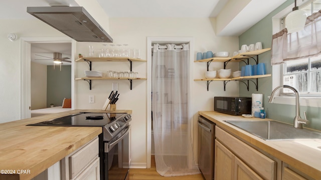 kitchen with exhaust hood, stainless steel appliances, sink, light hardwood / wood-style floors, and butcher block countertops