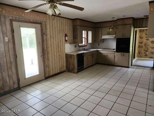 kitchen with black appliances, light tile patterned floors, sink, and ceiling fan